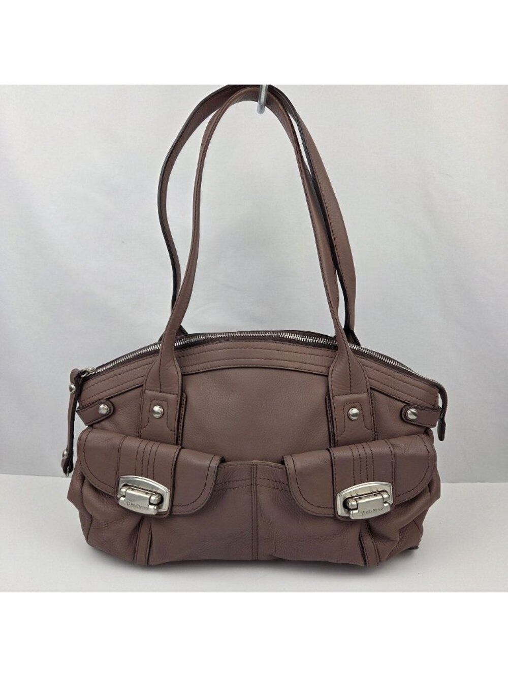 B Makowsky Taupe Leather Double Strap Shoulder Bag W/ Dust Bag